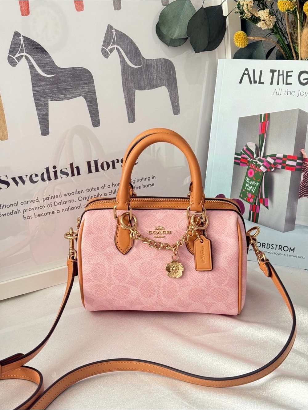 Coach Mini Rowan Bag In Signature With Charms in Powder Pink CEK79